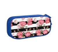 Black White Striped Flowers Large Capacity Double Layer Pencil Case,Customizable Full Print Polyester Fabric Organizer-School, Office, Travel Makeup Pouch