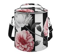 Black White Striped Flowers Lunch Bag, 15L Portable Leakproof Picnic Basket with Shoulder Strap, Insulated Picnic Cooler Bag for Camping, Beach, Hiking & Groceries