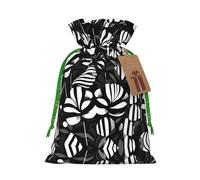 Black White Striped Flowers Print Christmas Drawstring Holiday Candy Bag Xmas Sacks Reusable Wrapping Bags Party Favor
