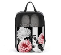 Black White Striped Flowers Shoe Bag Waterproof & Breathable Shoe Pouch for Travel, Portable Carry Case for Sports Sneakers, Gym, Vacation