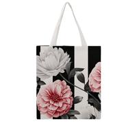 Black White Striped Flowers Tote Bag, Aesthetic Canvas Tote Bag Reusable Grocery Shopping Bag for Women Men