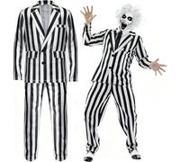 Black-White Striped Suit Men Halloween Cosplay Costume Set Horror Jacket Shirt Pant with Tie Shirt Wig Scary 80s Movie