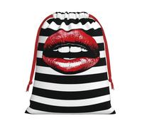 Black White Striped With Glossy Lips Soft Velvet Christmas Drawstring Bag Reusable Wrapping Sack Xmas Party Present Bag