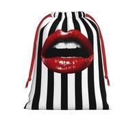 Black White Striped With Red Lips Soft Velvet Christmas Drawstring Bag Reusable Wrapping Sack Xmas Party Present Bag