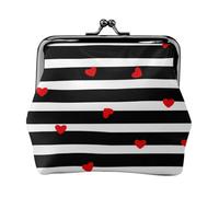 Black White Stripes Red Hearts, PU Leather Coin Purse, Small Wallets, Change Pouch with Kiss Lock Clasp Buckle, Change Purse