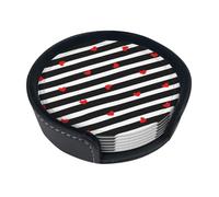 Black White Stripes Red Hearts,Set of 6 Round Coasters, Pu Leather Drinks Coasters with Holder for Home Office Kitchen
