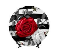 Black White Stripes Red Rose Flowers Bone China Decorative Plates, 7in Ceramic Decorative Plate With Display Stand Dinner Plates Art Crafts Ceramic Ornaments Wall Decor For Home Office Table Decor