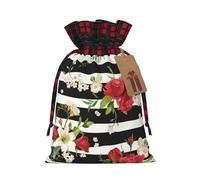 Black White Stripes Red Rose Flowers Christmas Drawstring Linen Gift Bag Paired With Scottish Plaid Fabric, With A Delicate And Simple Texture