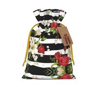 Black White Stripes Red Rose Flowers Christmas Drawstring Sack Gift Bag, Lightweight And Cute In Design