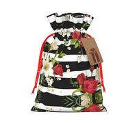 Black White Stripes Red Rose Flowers Christmas Drawstring Sack Gift Bag, Lightweight And Cute In Design