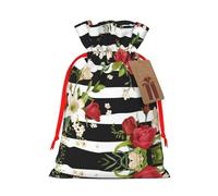 Black White Stripes Red Rose Flowers Christmas Drawstring Sack Gift Bag, Lightweight And Cute In Design
