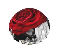 Black White Stripes Red Rose Flowers Double Layer Waterproof Shower Cap For Women, Reusable Bath Hat With Elastic Band, Keep Hair Dry For Shower And Skincare