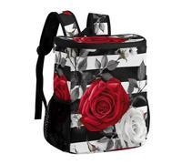 Black White Stripes Red Rose Flowers Insulated Cooler Backpack Durable Polyester Twill Leakproof Thermal Bag with Adjustable Straps Multi-use Pack for Picnic Camping Hiking Varied Outdoor Activities