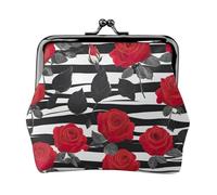 Black White Stripes Red Rose Flowers Print Fashion Ms Leather Pouch Portable Wallet Kiss-Lock Money Bag Cute Clutch Fo Women