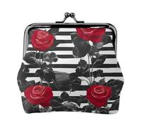 Black White Stripes Red Rose Flowers Print Fashion Ms Leather Pouch Portable Wallet Kiss-Lock Money Bag Cute Clutch Fo Women