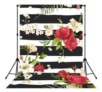 Black White Stripes Red Rose Flowers Print Photo Studio Background 5x7ft Soft Photo Backdrop Curtain For Studio Content Creator Equipment