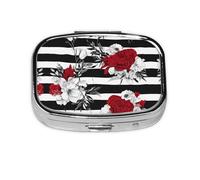Black White Stripes Red Rose Flowers Print Pill Box 2 Compartment Medicine Pill Case,Portable for Pocket Or Purse Pill Box Decorative Metal Medicine Organizer