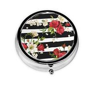Black White Stripes Red Rose Flowers Print Pill Box for Pocket Round Pill Box 3 Compartment Decorative Portable Travel Pill Holder Tablet Vitamin Organizer Mini Pill Case(2pcs)