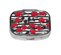 Black White Stripes Red Rose Flowers Print Pill Box Portable Pill Case Holde Organizer for Purse Pocket Travel Gifts