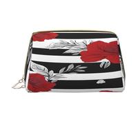 (Black White Stripes Red Rose Flowers) Print Pu Leather Makeup Bag with Zipper Pocket Compact Organizer for Travel/Purse