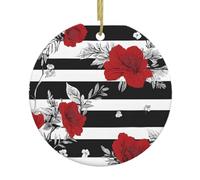 Black White Stripes Red Rose Flowers -Print Ready To Hang Christmas Ceramic Ornament, Custom Round Pendant Gold String For Tree, Wedding, Retail DéCor.