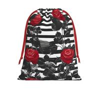 Black White Stripes Red Rose Flowers Print Reusable Drawstring Gift Bags For Candy Bag Birthday, Wedding Or Daily