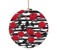 Black White Stripes Red Rose Flowers Print Round Flat Hanging Ornaments for Christmas Winter New Year Party Hanging Decorations
