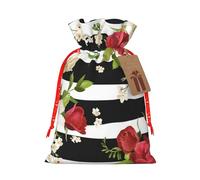 Black White Stripes Red Rose Flowers Printed Christmas Drawstring Bags with Red Christmas Ribbon - Reusable Burlap Drawstring Gift Pouches, M