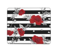 (Black White Stripes Red Rose Flowers) Printed Mousepad 10 x 12 inch, Waterproof Non-Slip Mouse-Pad Rubber Base for Laptop Desktop Mat for Home Office Desk Decor