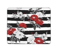 (Black White Stripes Red Rose Flowers) Printed Mousepad 10 x 12 inch, Waterproof Non-Slip Mouse-Pad Rubber Base for Laptop Desktop Mat for Home Office Desk Decor