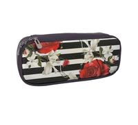 Black White Stripes Red Rose Flowers Printed Pu Leather Pencil Case Box Flip Pen Bag and Makeup Cosmetic Holder for Girls Boys School Students
