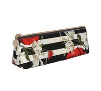 Black White Stripes Red Rose Flowers Printed Zipper Pencil Case Cute Stationery Organizer PVC Leather Triangle Makeup Bag Pen Pouch