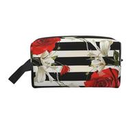 Black White Stripes Red Rose Flowers Prints Makeup Bags for Women Girls Large Capacity Zipper Cosmetic Bag Travel Toiletry Bag Organizer with Handle
