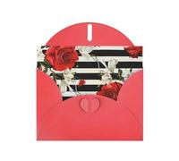 Black White Stripes Red Rose Flowers Prints Pearl Paper Horizontal Festival Greeting Card for Birthday Cards and All Occasions, Red