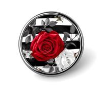 Black White Stripes Red Rose Flowers Round Badge Pin, 1 Inch Durable Non-Fading Lapel Pin, Versatile Metal Button Badges, Lightweight Decorative Brooch for Clothing Accessories Personalized Gifts