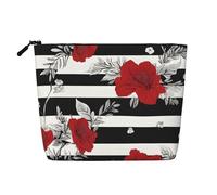 Black White Stripes Red Rose Flowers Single Layer Linen Like Makeup Bag, Lightweight and Cute, Easy to Use