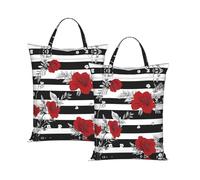 Black White Stripes Red Rose Flowers Travel Laundry Bag with All-Over Print,Water-Resistant Twill Fabric,Smooth Zipper, Top Carry Handle,Hanging Loop,Large 58x46cm