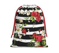 Black White Stripes Red Rose Flowers Ultra Soft Velvet Gift Bag, Comfortable To The Touch, Reusable