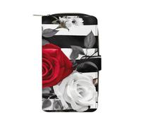 Black White Stripes Red Rose Flowers Wallet Multifunctional Leather Wallets for Men Compact Long Wallet Credit Card Holder Passport Bag