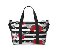 (Black White Stripes Red Rose Flowers) Waterproof Lightweight Hand Travel Bag - Large Carry-On for 3-5 Day Trips | Air Travel, Sports, Weekend Use | Men & Women (1-Pack)