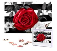Black White Stripes Red Rose Flowers Wooden Puzzles 1000 Pieces Personalized Jigsaw Puzzle For Adults Interesting Custom Photo Puzzles Gift For Holiday Birthday Wedding Anniversay