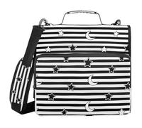 Black White Stripes Stars Moon 3 Rings School Zipper Binder with Handle and Removable Shoulder Strap Includes Zip Pocket Portable Portfolio for Office School