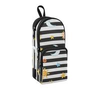 Black White Stripes Sun Moon Star Nylon 3 Compartments Girls Pencil Bag Large Capacity School Pencil Case Stationery Organizer for Girls Office 1600ml