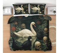 Black White Swan Duvet Cover Superking, Skull Flower Bedding Set, Soft Microfiber Reversible 3 Piece with 2 Pillowcases, Breathable Hypoallergenic Quilt Cover 260x220 cm With Zipper Closure