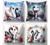 Black White Swans Flowers Cushion Covers 55x55cm Set of 4 Decorative Throw Pillow Covers 22x22inch Soft Velvet Square Cushion Cases for Home Living Room Sofa Couch Bed Pillowcases