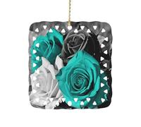 Black White Teal Gray Rose Flowers Ceramic Christmas Ornament Xmas Tree Hanging Pendant Double Sided Pattern Festive Square Ornament Holiday Home Party Decoration Gifts