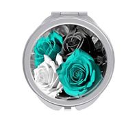 Black White Teal Gray Rose Flowers Compact Mirror for Purse Double-Sided 1x/2x Magnifying Metal Pocket Makeup Mirrors Folding Mini Vanity Mirror Handheld Round Travel Cosmetic Mirrors for Women
