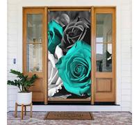 Black White Teal Gray Rose Flowers Door Cover Decorations, Welcome Door Banner Backdrop Seasonal Spring Summer Porch Banner Sign Photo Background for Indoor Outdoor Party Decor 72.8 x 35.4 Inch