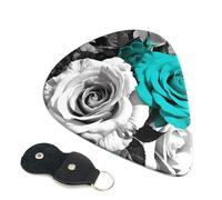 Black White Teal Gray Rose Flowers Guitar Picks 6 Pack with Leather Guitar Pick Holder Keychain, Plectrum Key Fob Cases Bag, Abstract Art Plectrum for Acoustic Electric Guitar, Ukulele 0.71mm