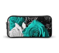 Black White Teal Gray Rose Flowers Pencil Case - Large Aesthetic Makeup Bag Multi-Purpose Pencil Pouch Cute Cosmetic Bag with Zipper Closure for Office, Home, Study & Travel